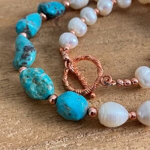 Turquoise & Pearl Artisan Crafted Necklace - Solid Copper Accents & Toggle Clasp